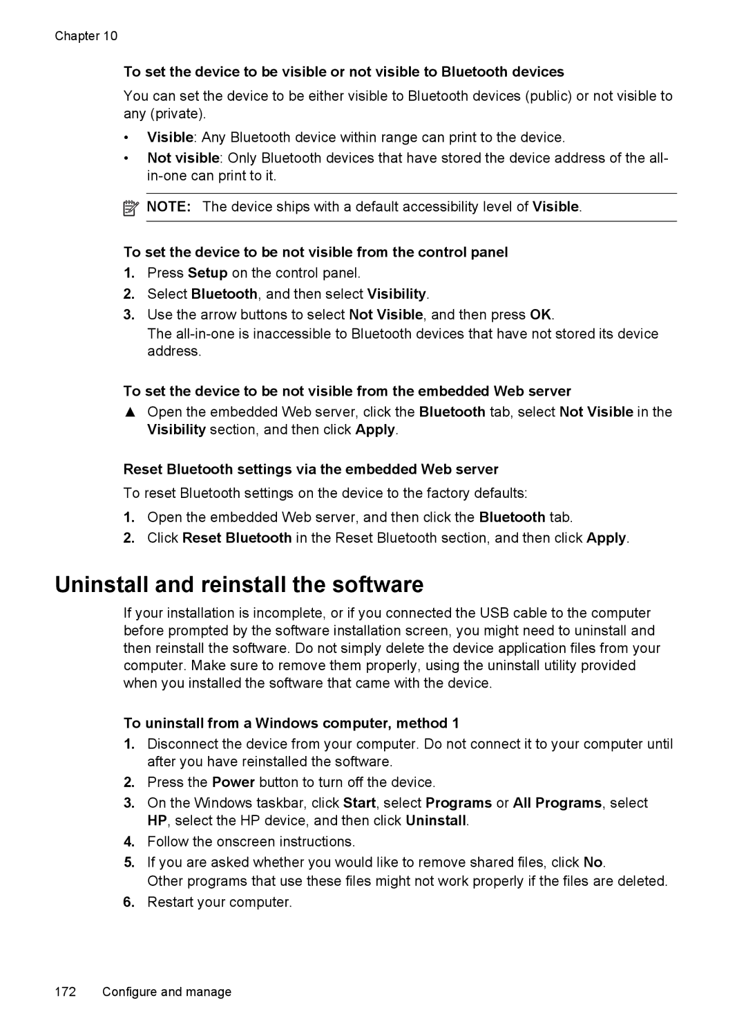 HP Sender Flow 8500 L2719ABGJ Uninstall and reinstall the software, Reset Bluetooth settings via the embedded Web server 