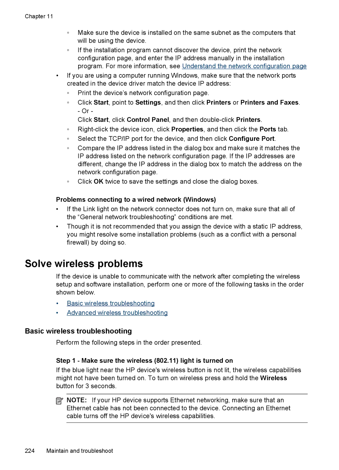 HP Pro 8500 8500 Solve wireless problems, Basic wireless troubleshooting, Problems connecting to a wired network Windows 