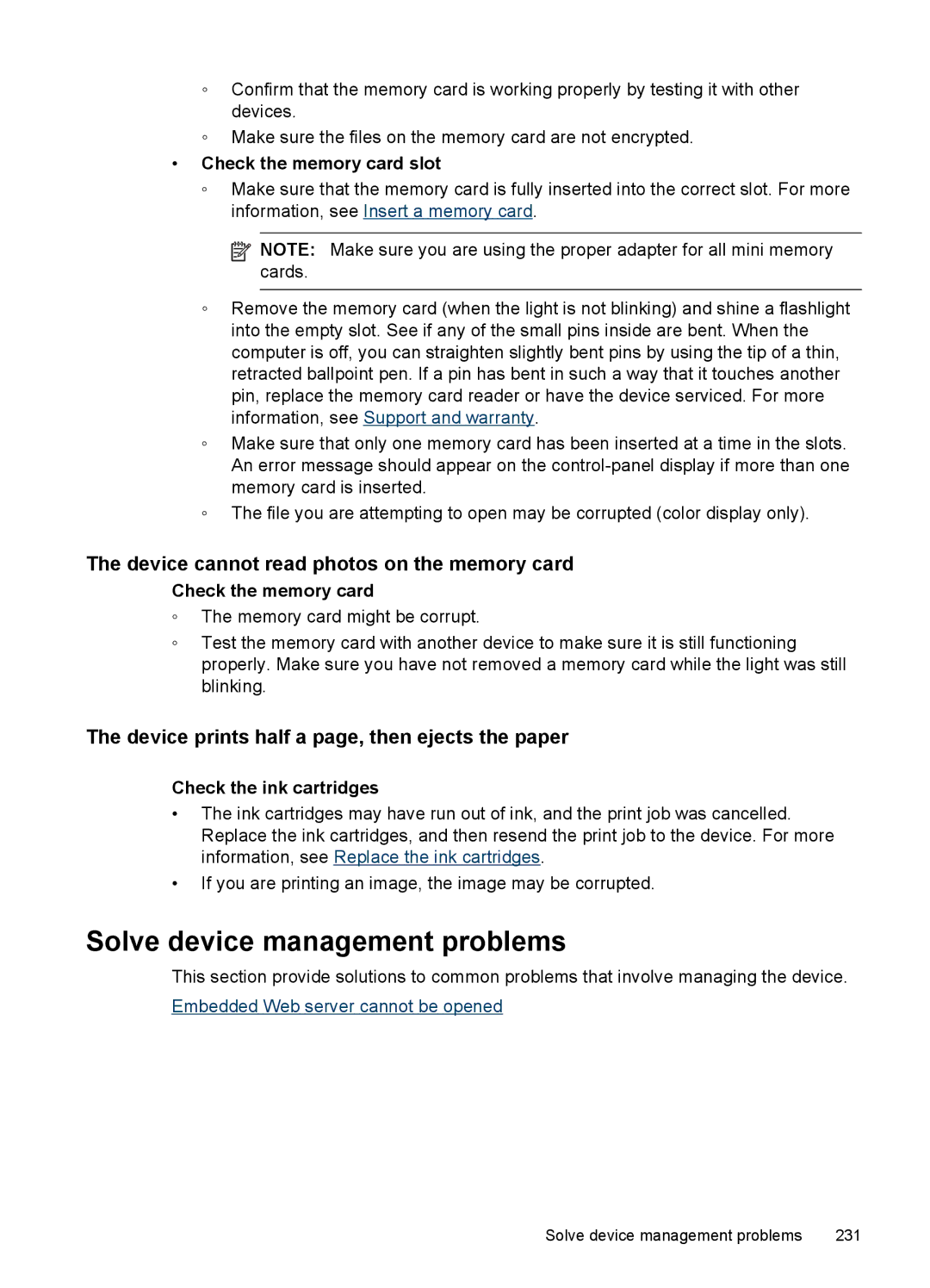 HP Pro 8500 CB025A#B1H, Pro 8500 8500 manual Solve device management problems, Device cannot read photos on the memory card 