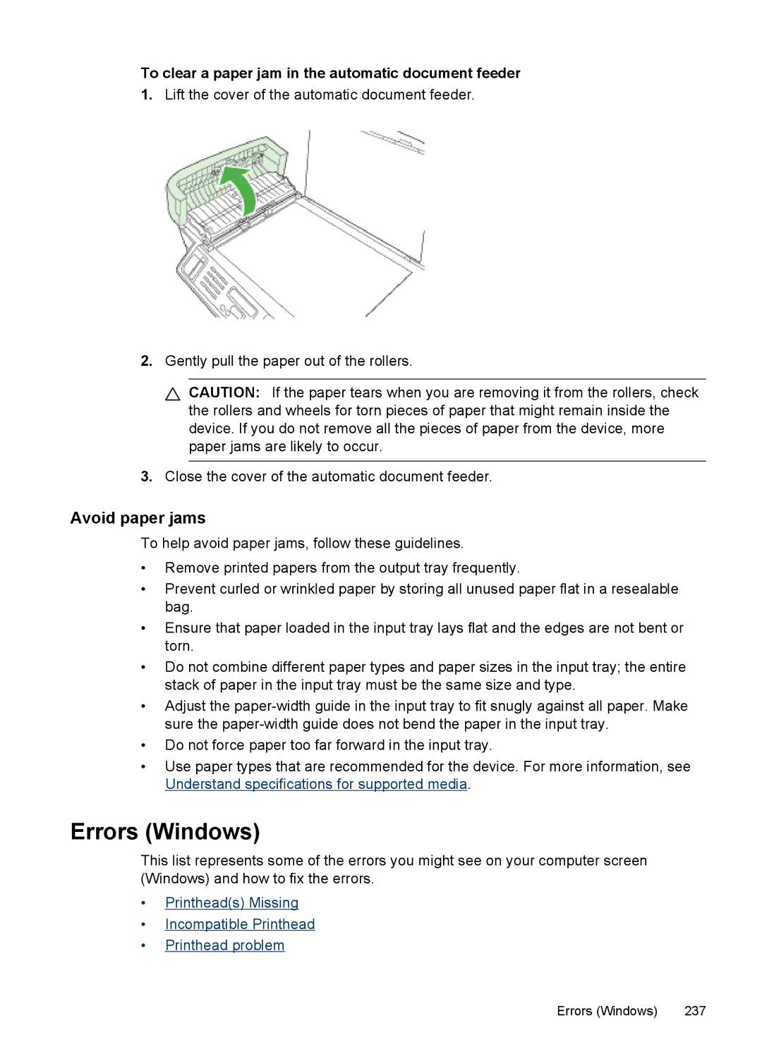 HP Pro 8500 CB025A#B1H manual Errors Windows, Avoid paper jams, To clear a paper jam in the automatic document feeder 