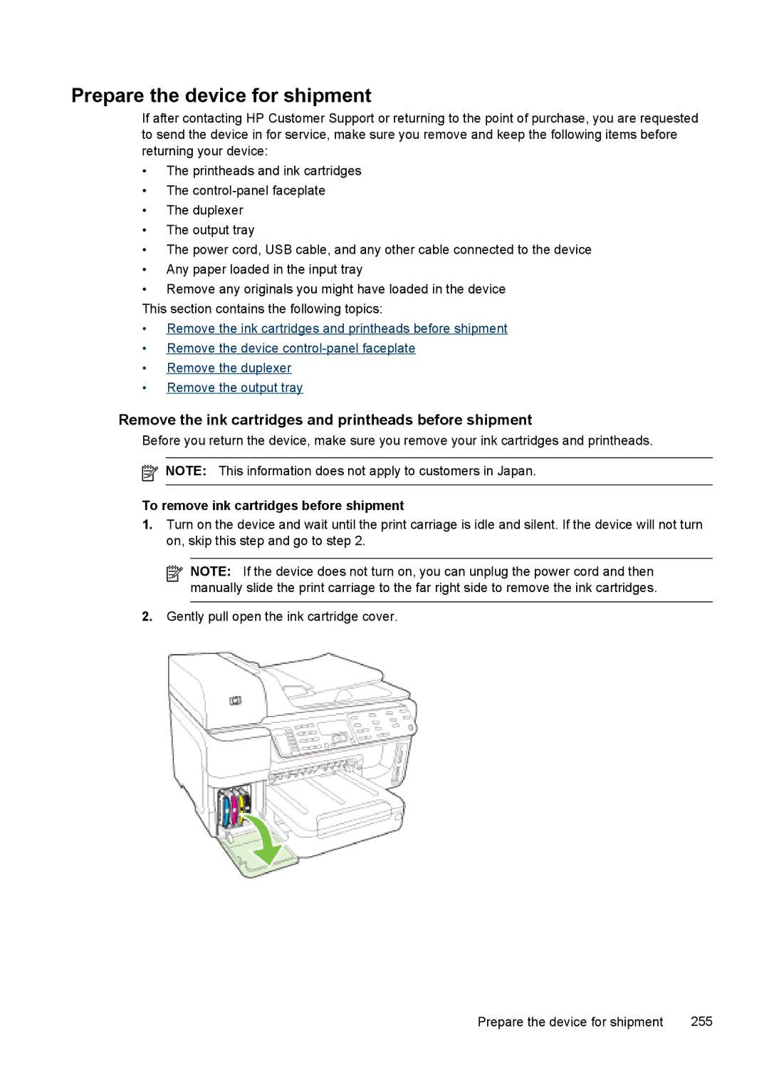 HP Pro 8500 CB025A#B1H manual Prepare the device for shipment, Remove the ink cartridges and printheads before shipment 