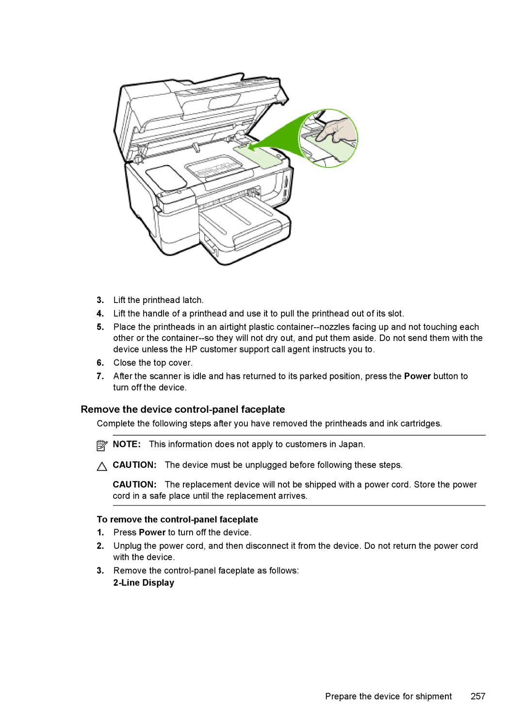 HP Pro 8500 8500 manual Remove the device control-panel faceplate, To remove the control-panel faceplate, Line Display 