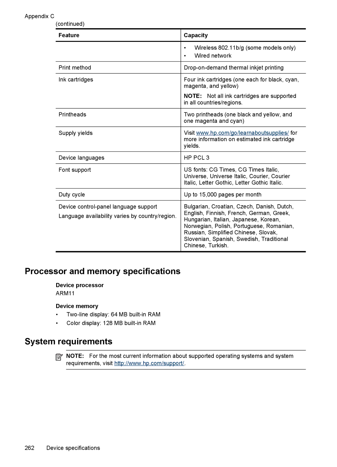 HP Sender Flow 8500 L2719ABGJ manual Processor and memory specifications, System requirements, Feature, Device processor 