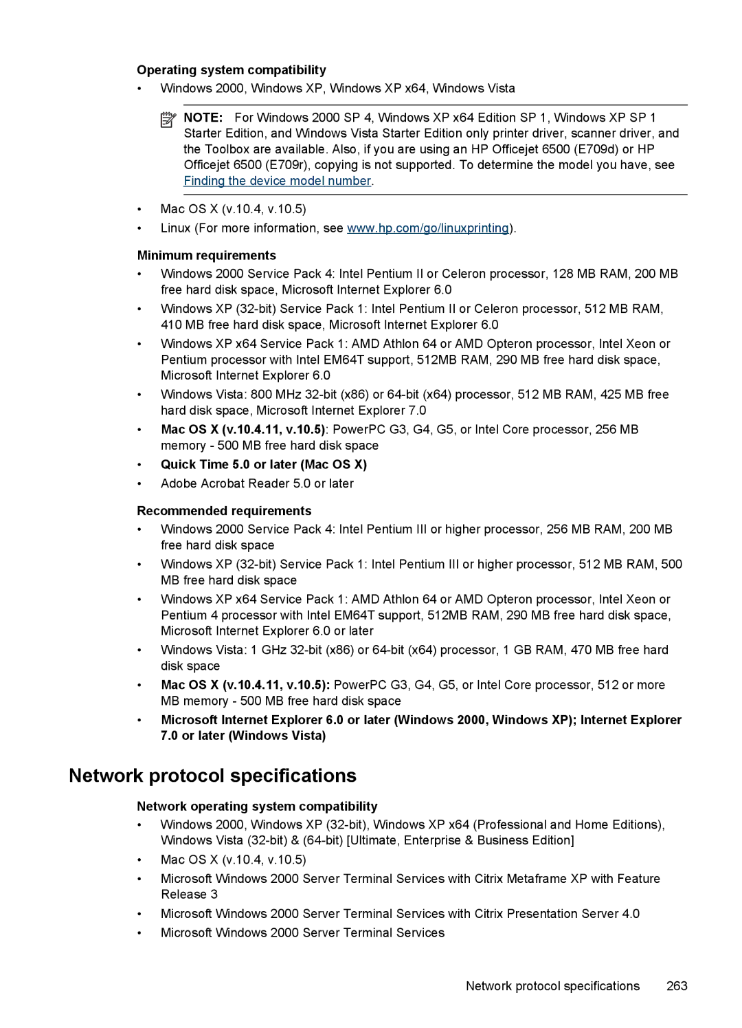 HP Pro 8500 8500, Pro 8500 CB025A#B1H, Sender Flow 8500 L2719ABGJ manual Network protocol specifications 