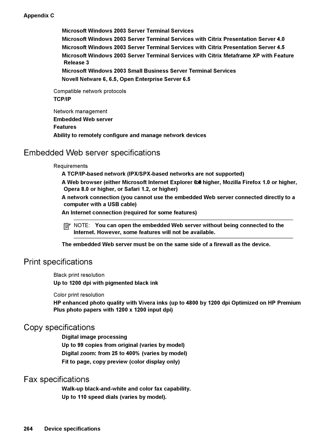 HP Pro 8500 CB025A#B1H Embedded Web server specifications, Print specifications, Copy specifications, Fax specifications 