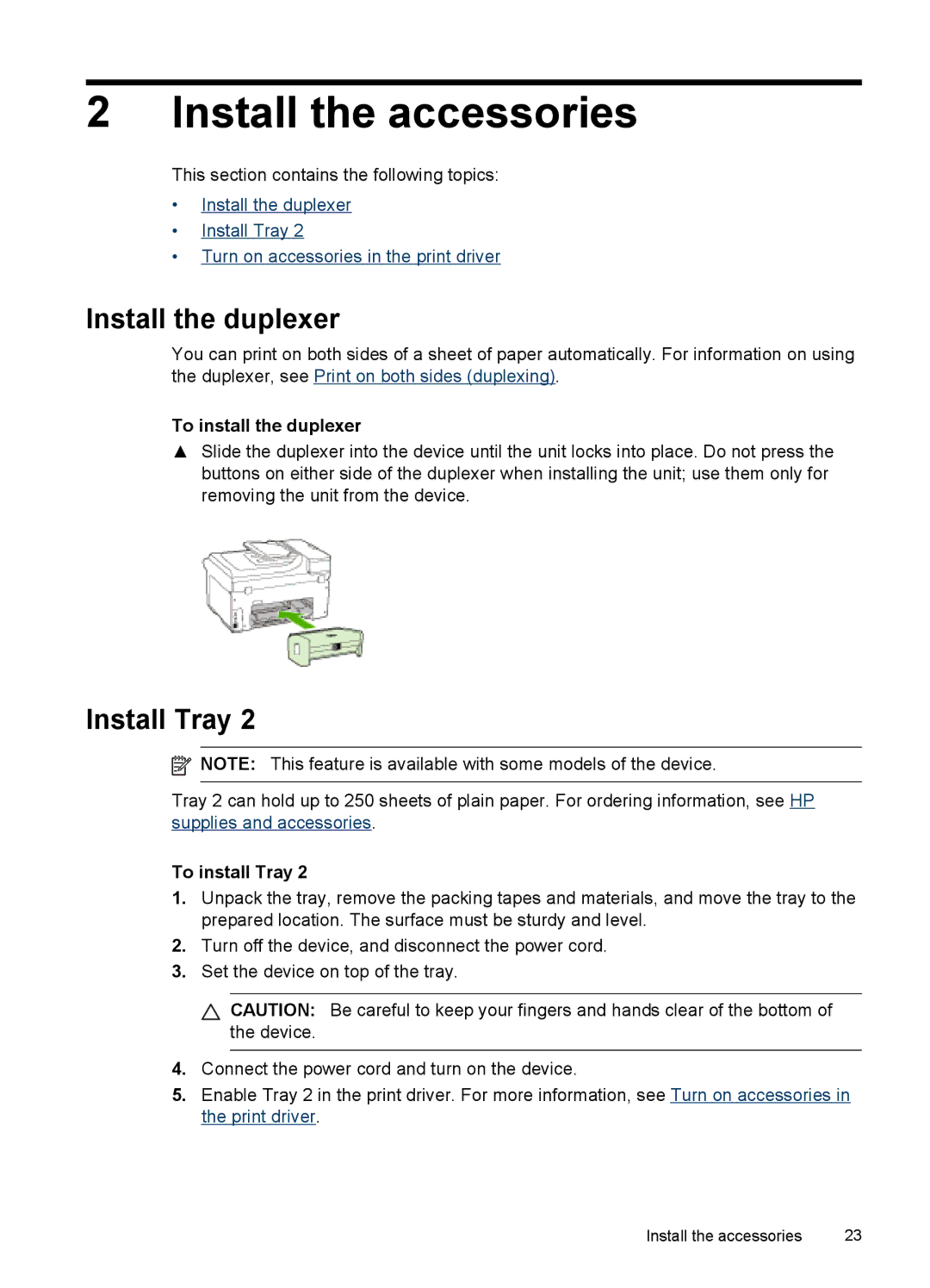 HP Pro 8500 8500 Install the accessories, Install the duplexer, Install Tray, To install the duplexer, To install Tray 