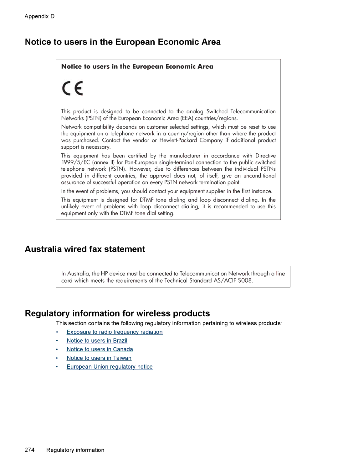 HP Sender Flow 8500 L2719ABGJ, Pro 8500 8500 Australia wired fax statement, Regulatory information for wireless products 