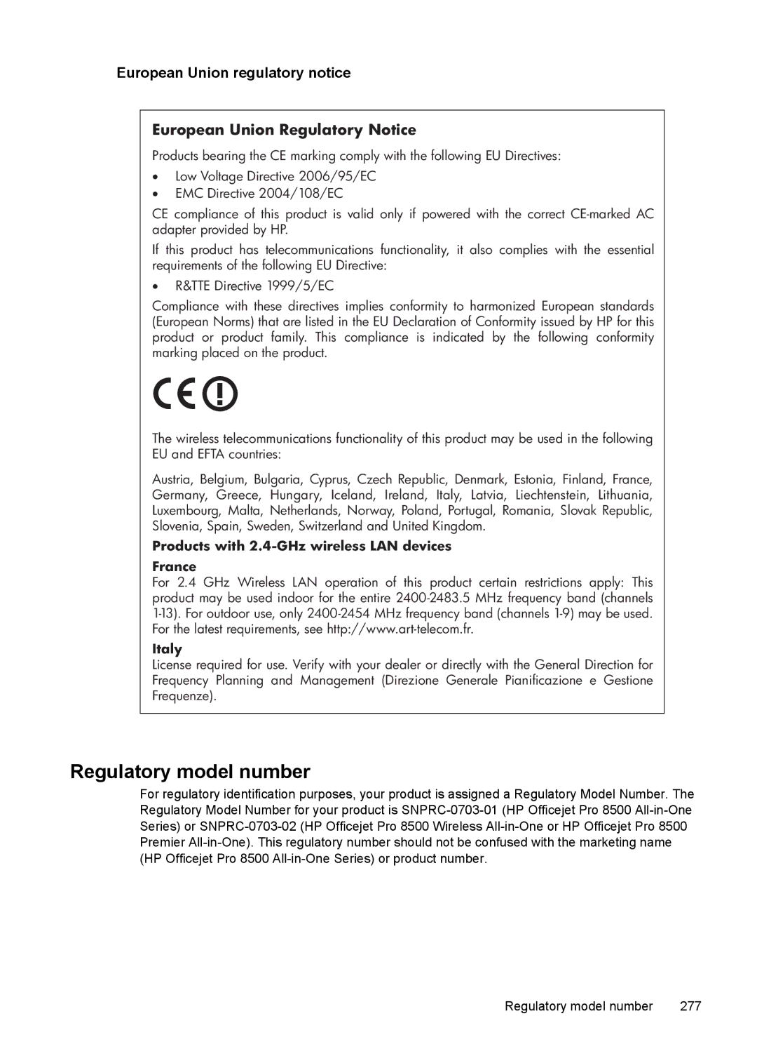 HP Sender Flow 8500 L2719ABGJ, Pro 8500 8500, Pro 8500 CB025A#B1H Regulatory model number, European Union regulatory notice 