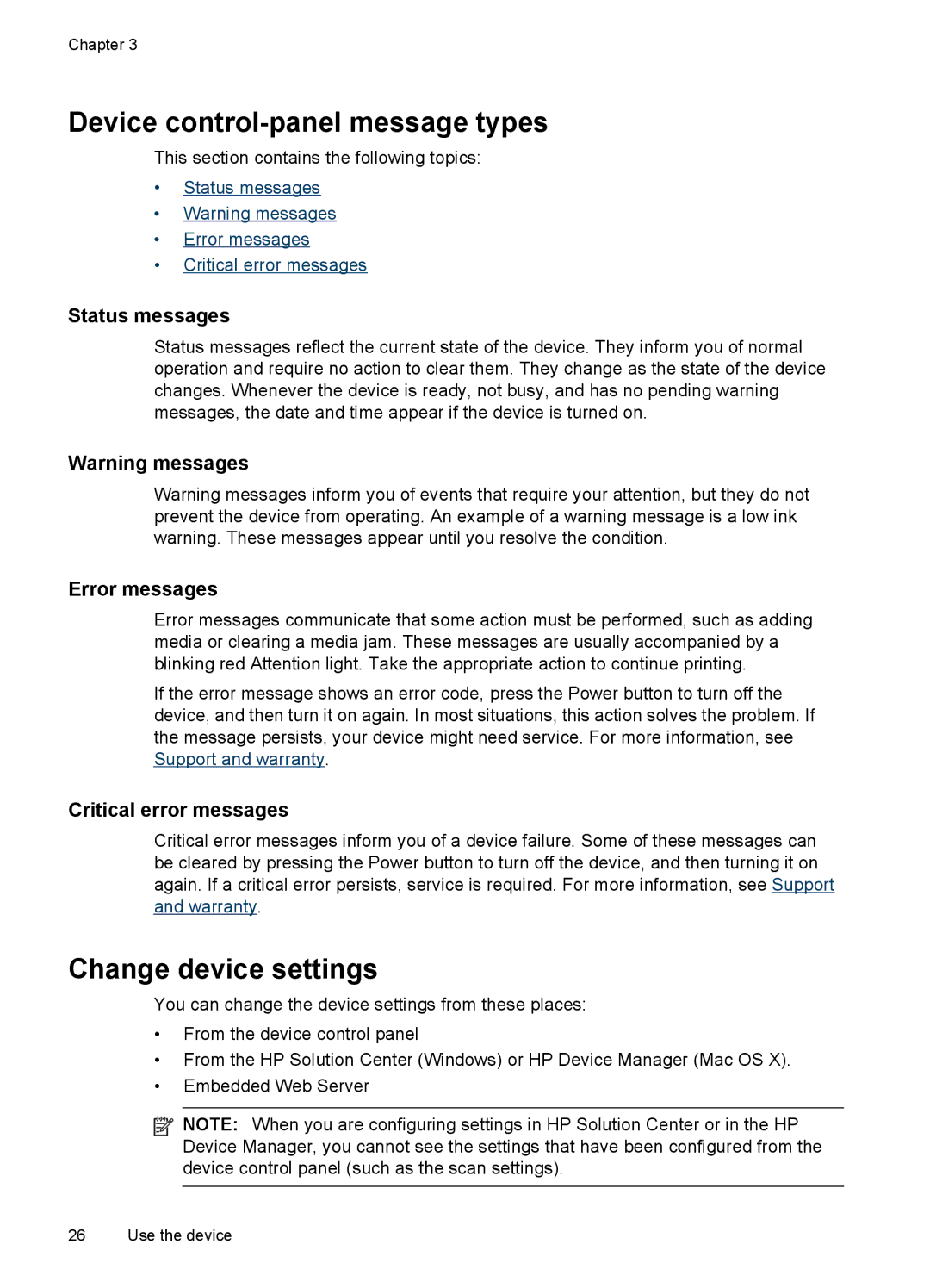 HP Pro 8500 8500 manual Device control-panel message types, Change device settings, Status messages, Error messages 