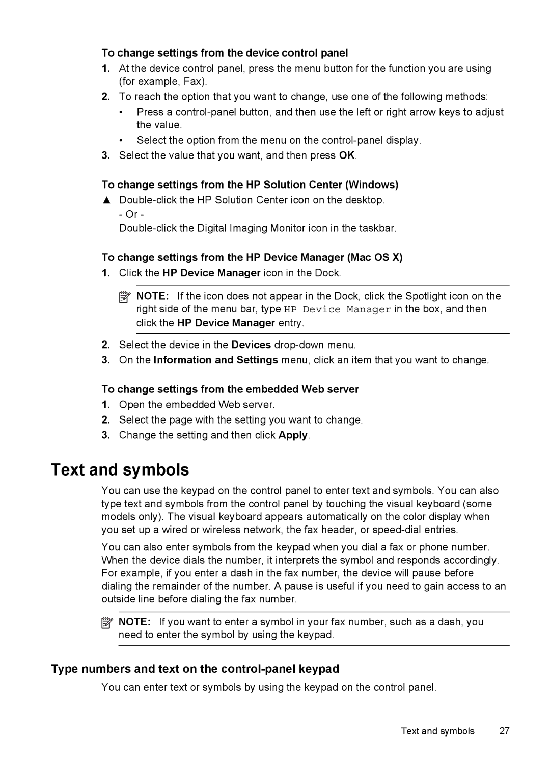 HP Pro 8500 CB025A#B1H, Pro 8500 8500 manual Text and symbols, Type numbers and text on the control-panel keypad 