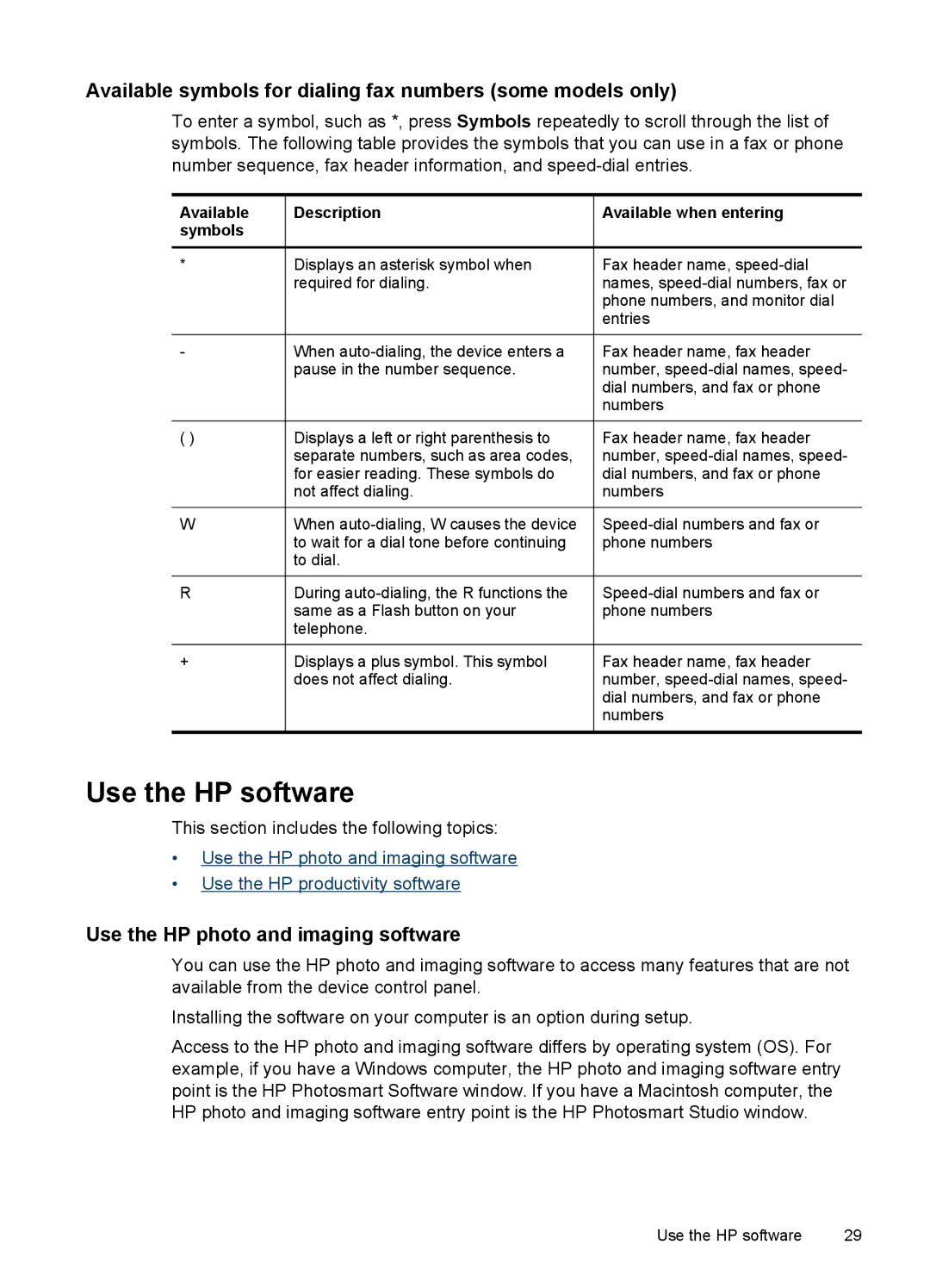 HP Pro 8500 8500 Use the HP software, Available symbols for dialing fax numbers some models only, Available when entering 