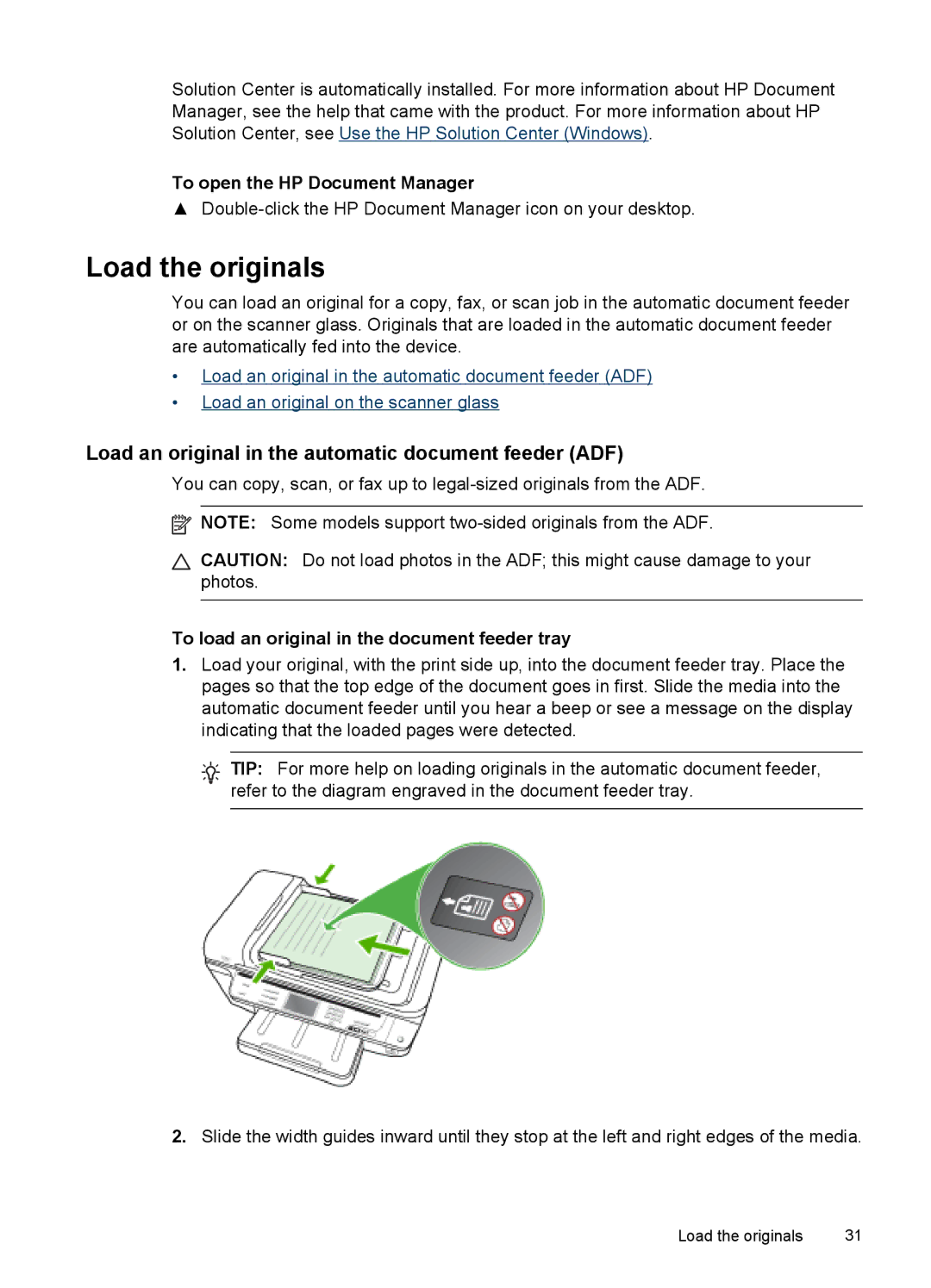 HP Sender Flow 8500 L2719ABGJ, Pro 8500 8500 Load the originals, Load an original in the automatic document feeder ADF 