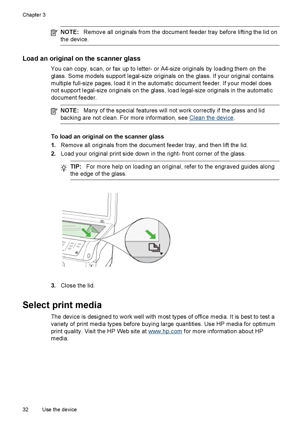 HP Pro 8500 8500 manual Select print media, Load an original on the scanner glass, To load an original on the scanner glass 