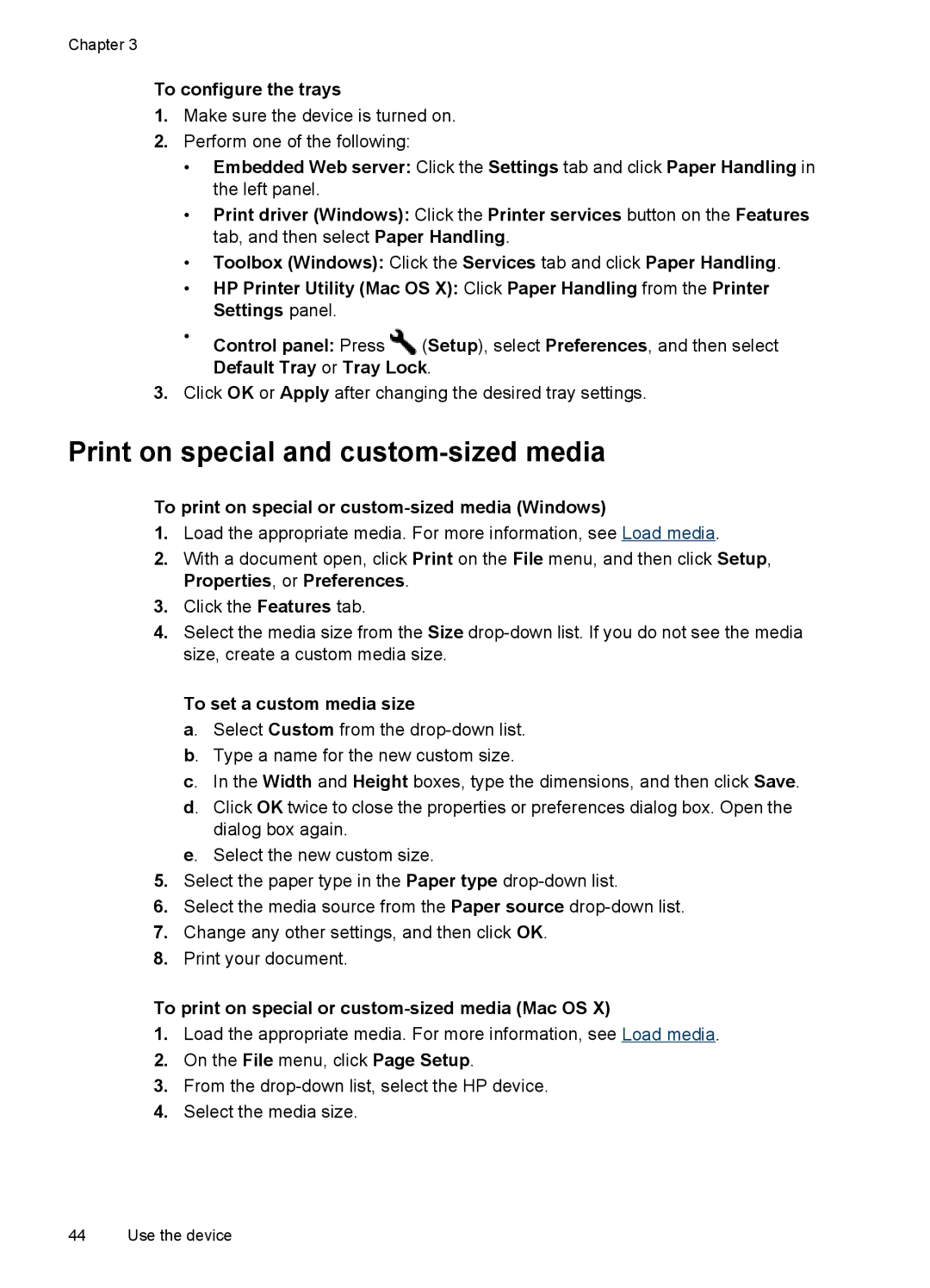 HP Pro 8500 8500 manual Print on special and custom-sized media, To configure the trays, To set a custom media size 