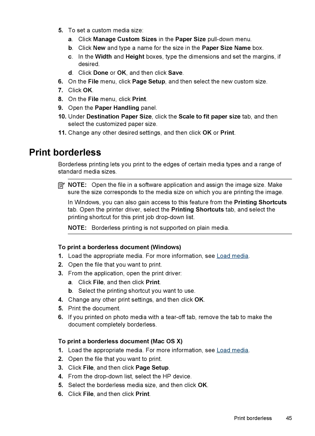 HP Pro 8500 CB025A#B1H, Pro 8500 8500 manual Print borderless, Click Manage Custom Sizes in the Paper Size pull-down menu 