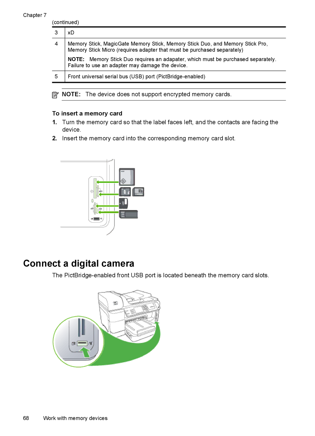 HP Pro 8500 8500, Pro 8500 CB025A#B1H, Sender Flow 8500 L2719ABGJ manual Connect a digital camera, To insert a memory card 