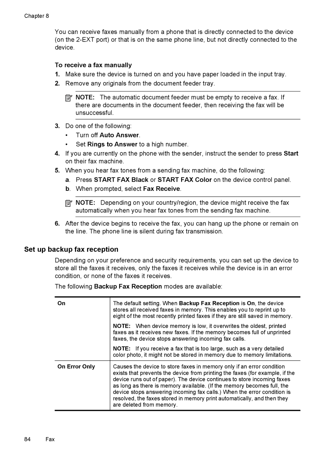HP Pro 8500 CB025A#B1H Set up backup fax reception, To receive a fax manually, Turn off Auto Answer, On Error Only 