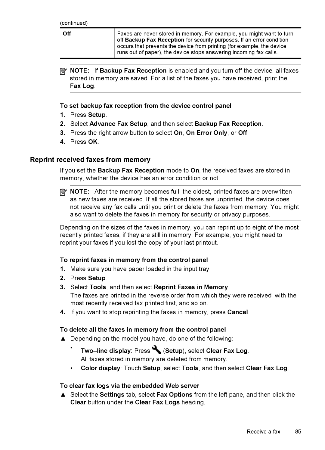 HP Sender Flow 8500 L2719ABGJ manual Reprint received faxes from memory, To reprint faxes in memory from the control panel 