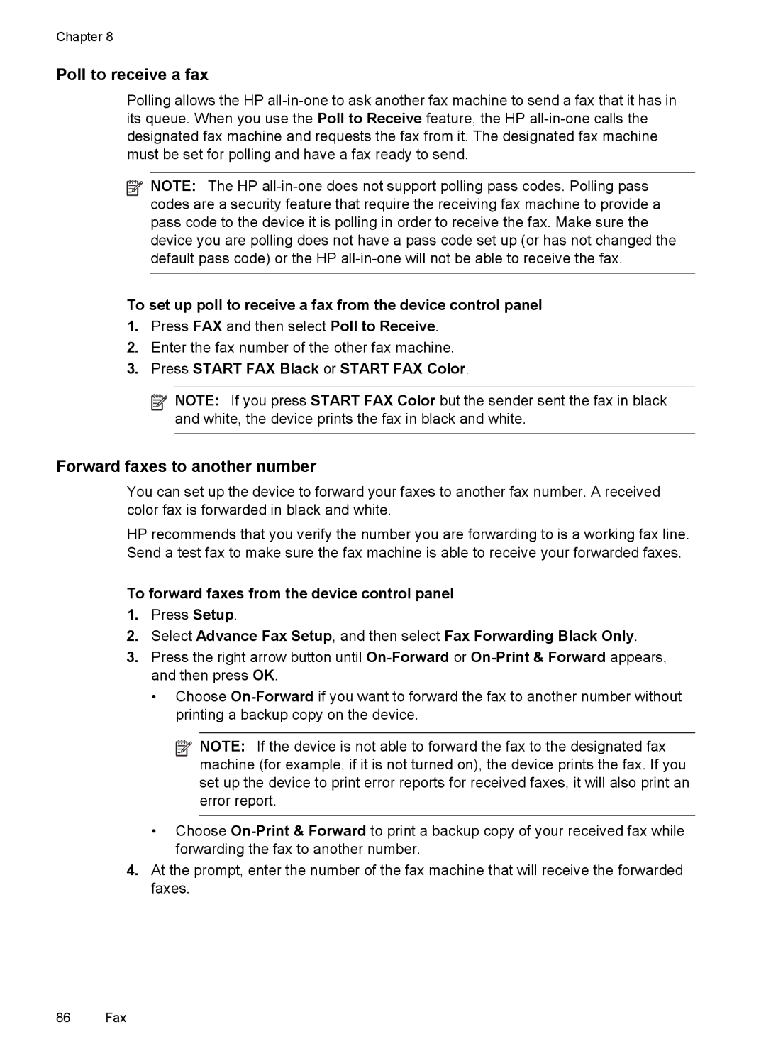 HP Pro 8500 8500 Poll to receive a fax, Forward faxes to another number, To forward faxes from the device control panel 