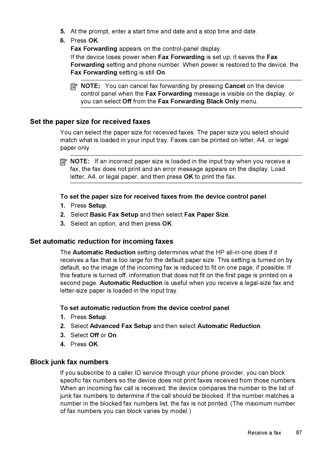 HP Pro 8500 CB025A#B1H, Pro 8500 8500 Set the paper size for received faxes, Set automatic reduction for incoming faxes 