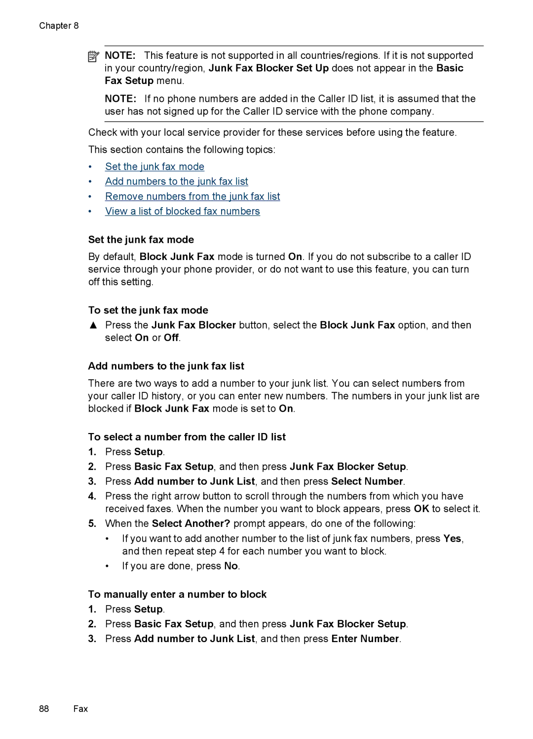 HP Sender Flow 8500 L2719ABGJ manual Set the junk fax mode, To set the junk fax mode, Add numbers to the junk fax list 