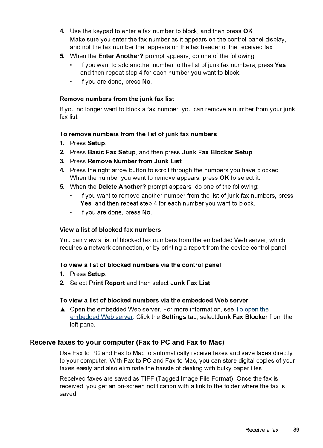 HP Pro 8500 8500 manual Receive faxes to your computer Fax to PC and Fax to Mac, Remove numbers from the junk fax list 