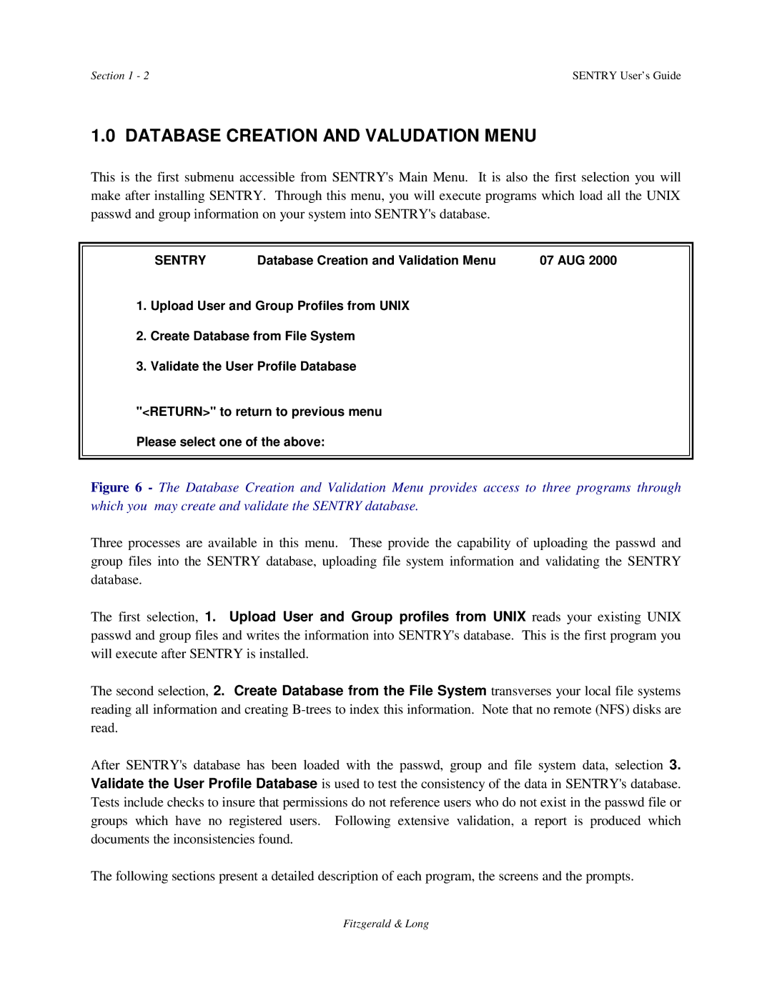 HP Sentry manual Database Creation and Valudation Menu 