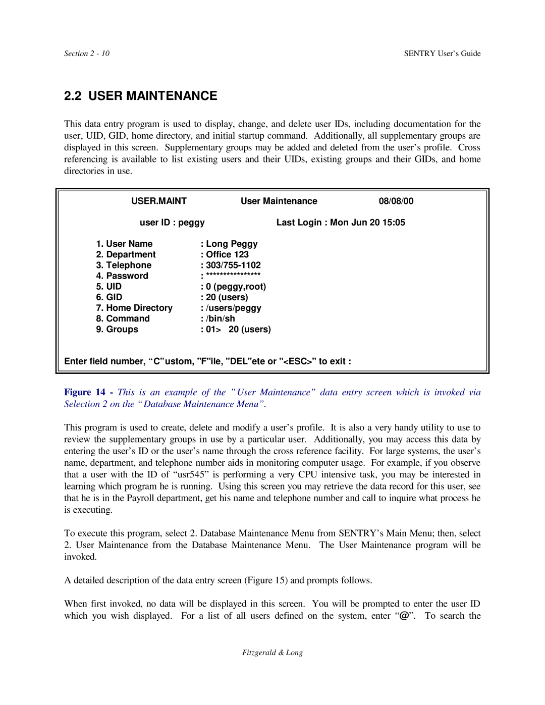 HP Sentry manual User Maintenance, User.Maint, Uid, Gid 