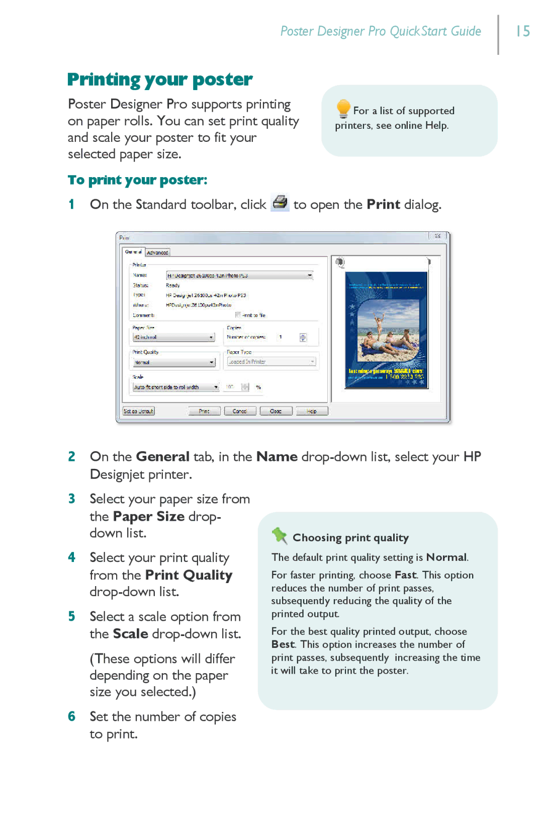 HP Serif PosterDesigner Software Pro for s manual Printing your poster, Choosing print quality 