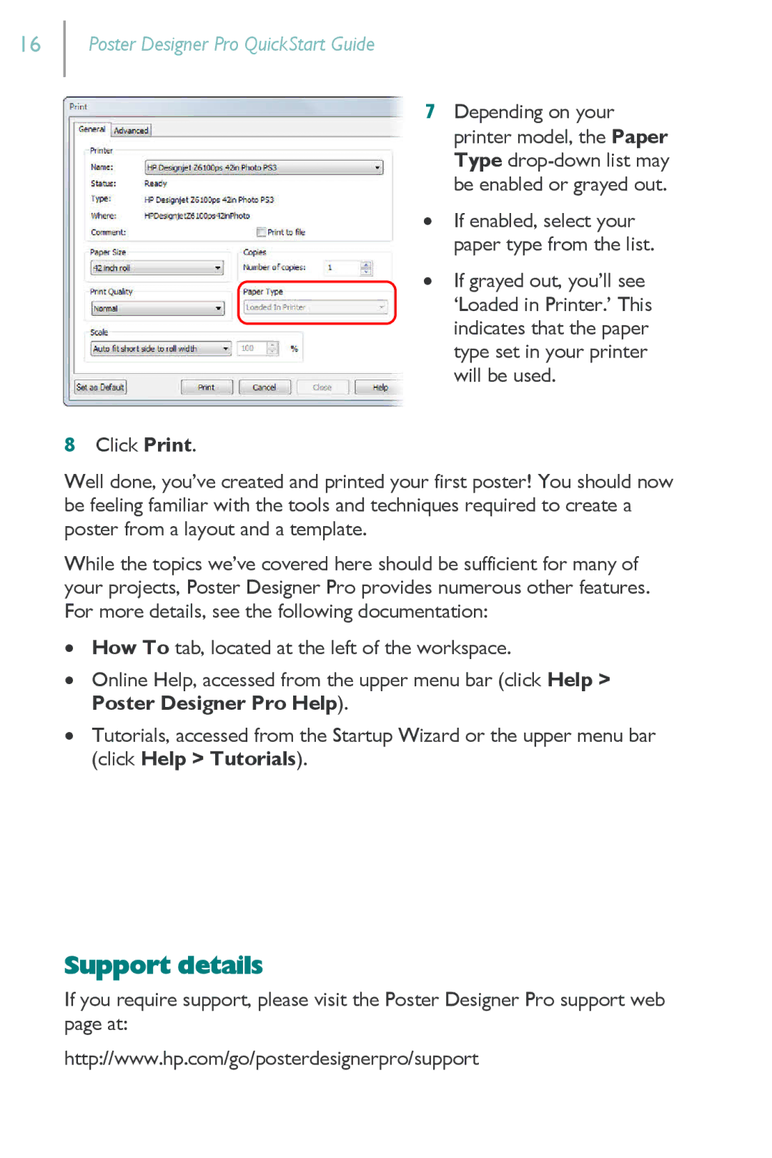 HP Serif PosterDesigner Software Pro for s manual Support details 