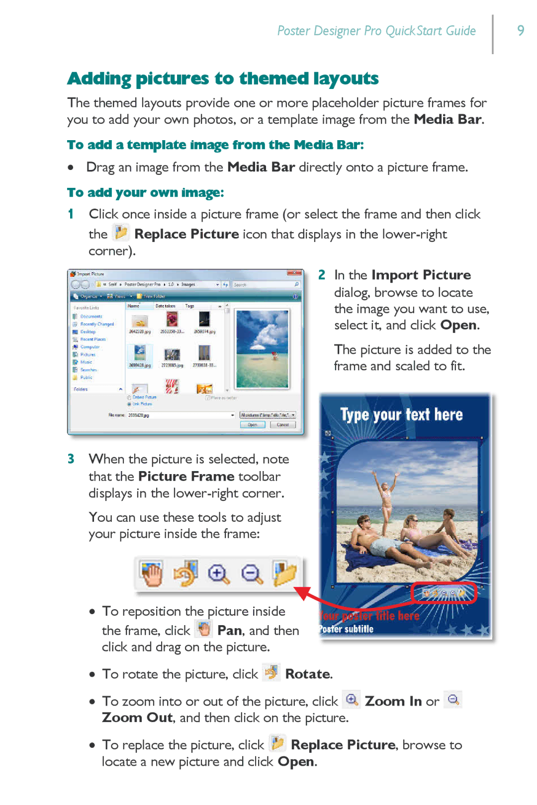 HP Serif PosterDesigner Software Pro for s manual Adding pictures to themed layouts 