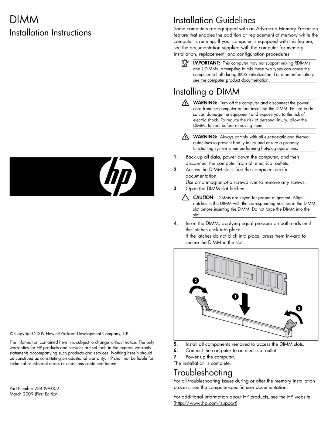 HP Server tc2110 manual Installation Instructions, Installation Guidelines, Installing a Dimm, Troubleshooting 