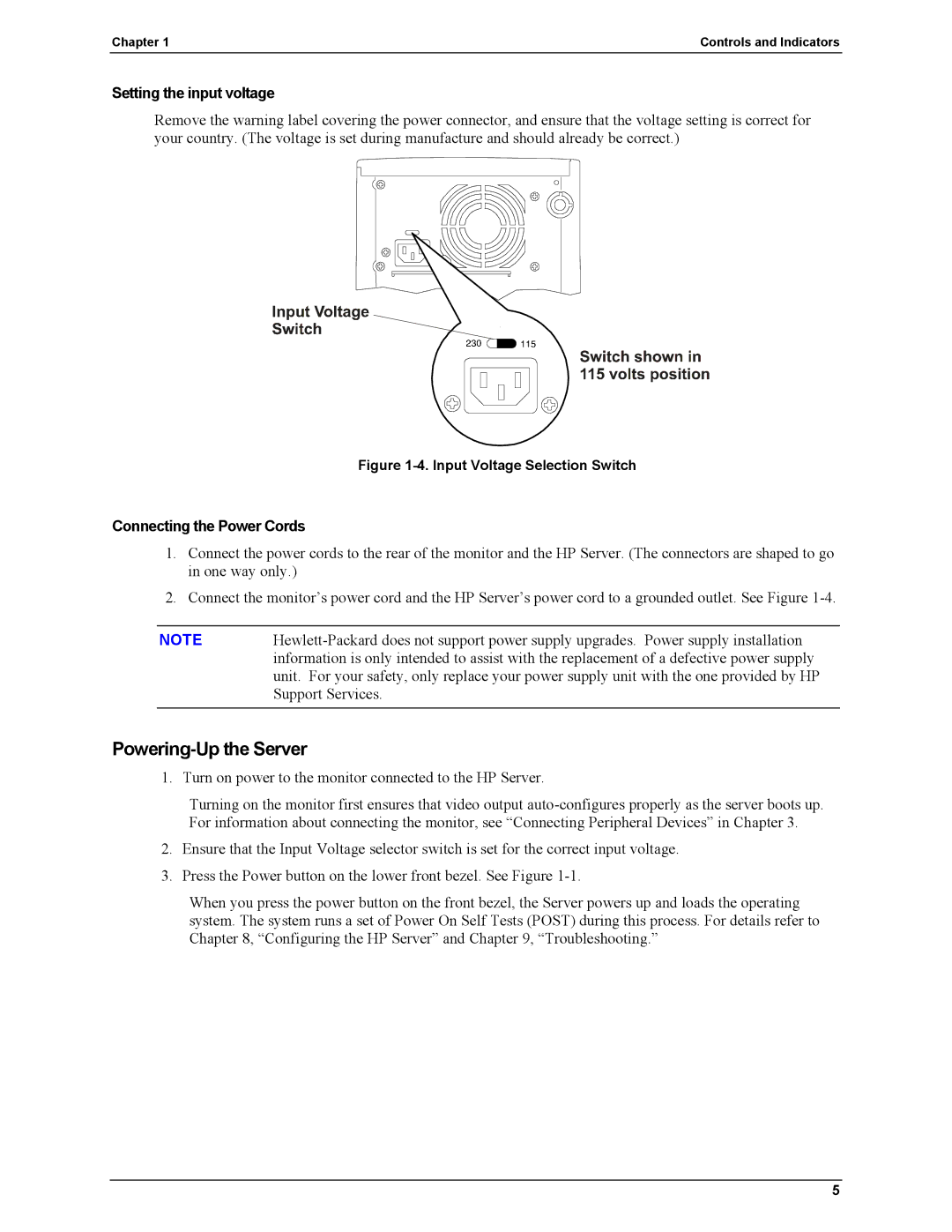 HP Server tc2110 manual Powering-Up the Server, Setting the input voltage, Connecting the Power Cords 