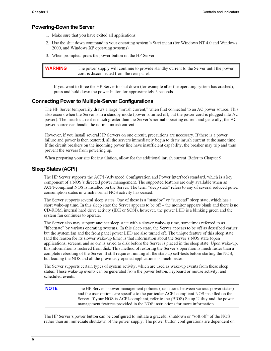 HP Server tc2110 manual Powering-Down the Server, Connecting Power to Multiple-Server Configurations, Sleep States Acpi 