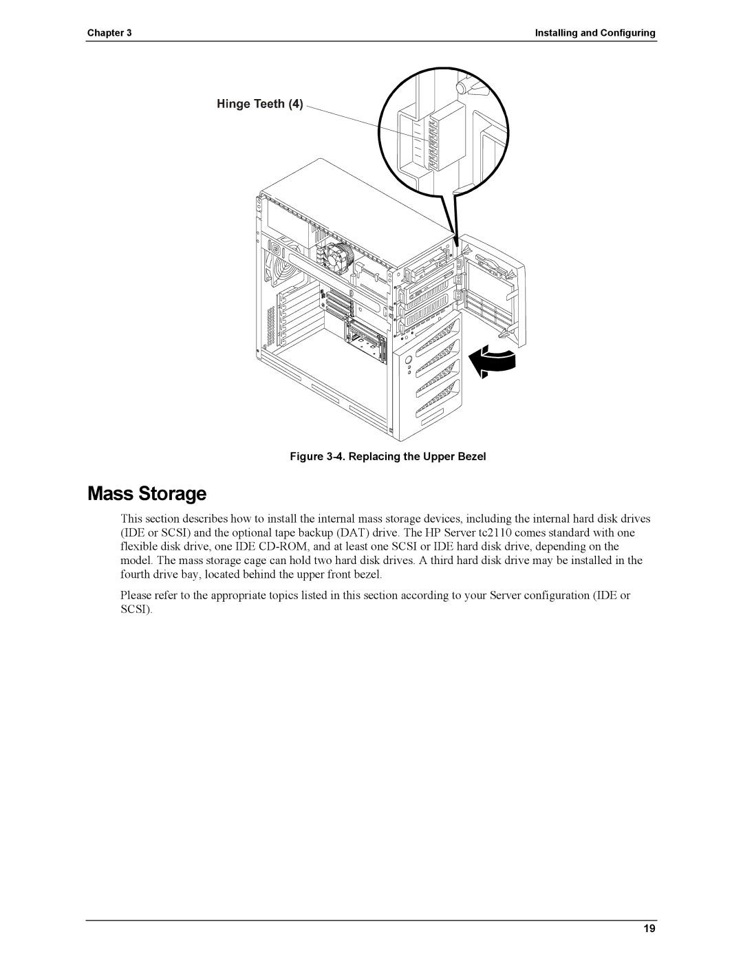 HP Server tc2110 manual Mass Storage, Replacing the Upper Bezel 