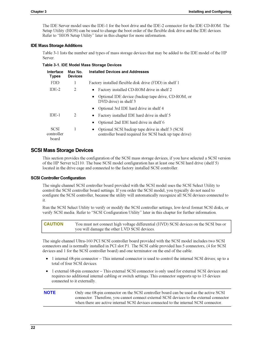 HP Server tc2110 manual Scsi Mass Storage Devices, IDE Mass Storage Additions, Scsi Controller Configuration 