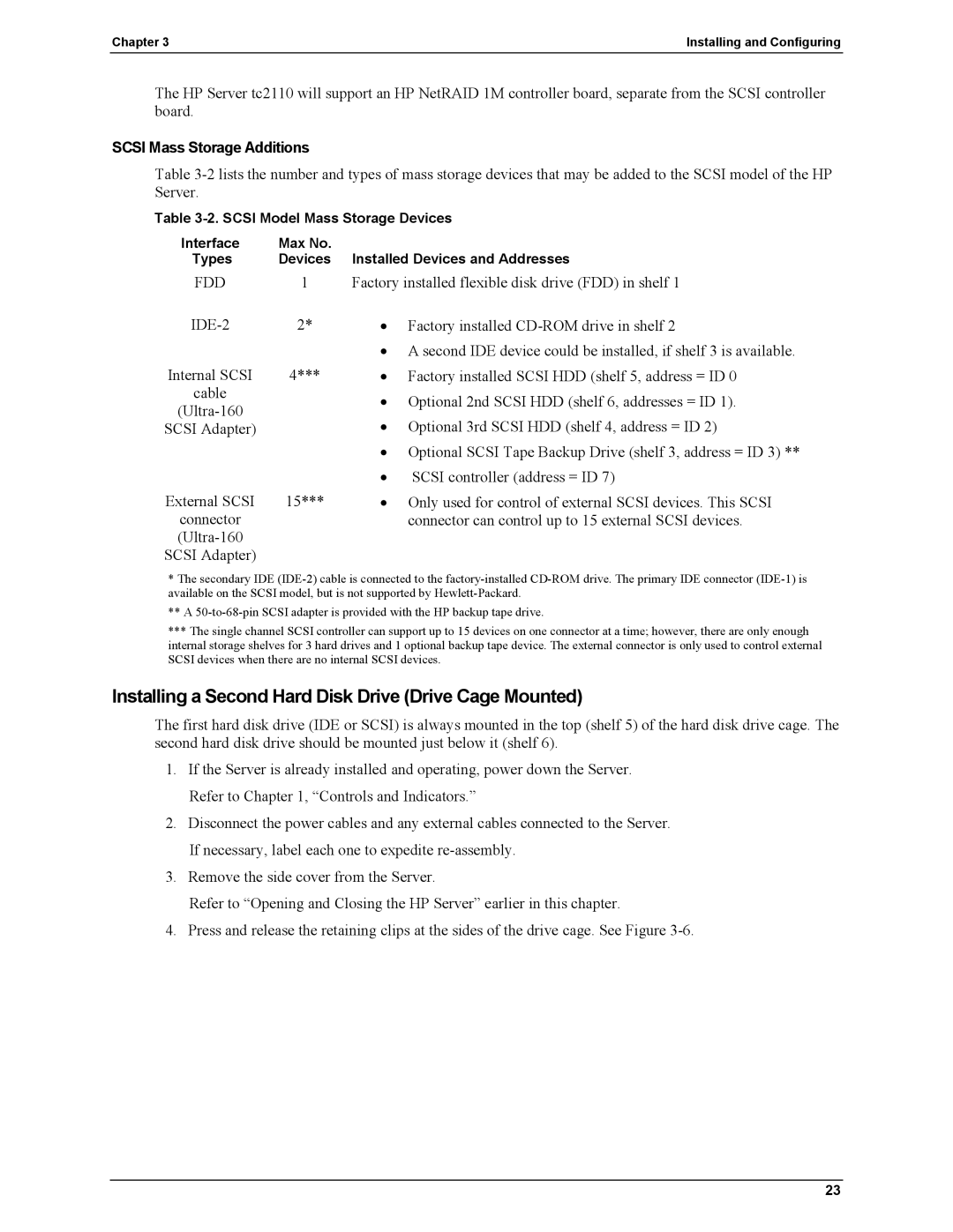 HP Server tc2110 manual Installing a Second Hard Disk Drive Drive Cage Mounted, Scsi Mass Storage Additions 