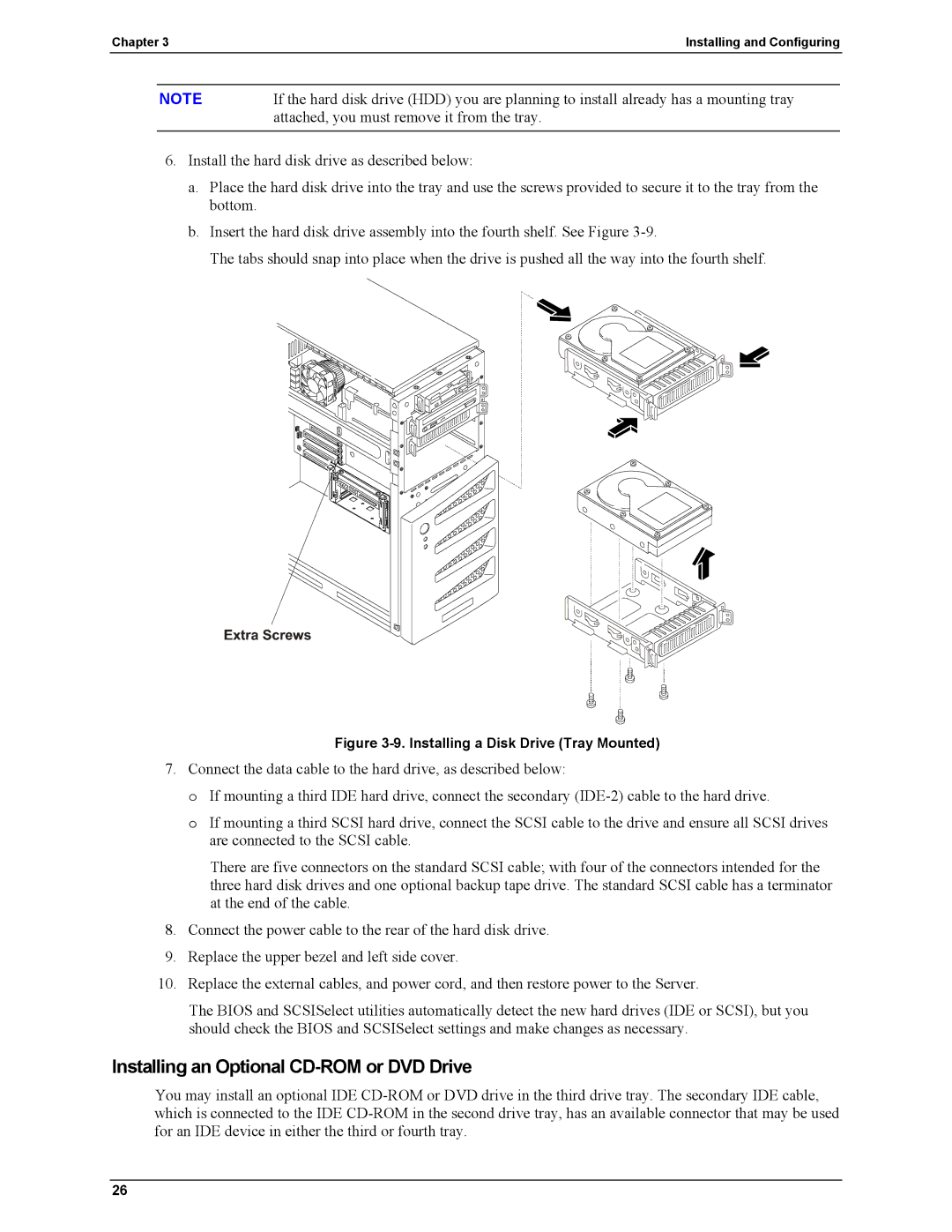 HP Server tc2110 manual Installing an Optional CD-ROM or DVD Drive, Installing a Disk Drive Tray Mounted 