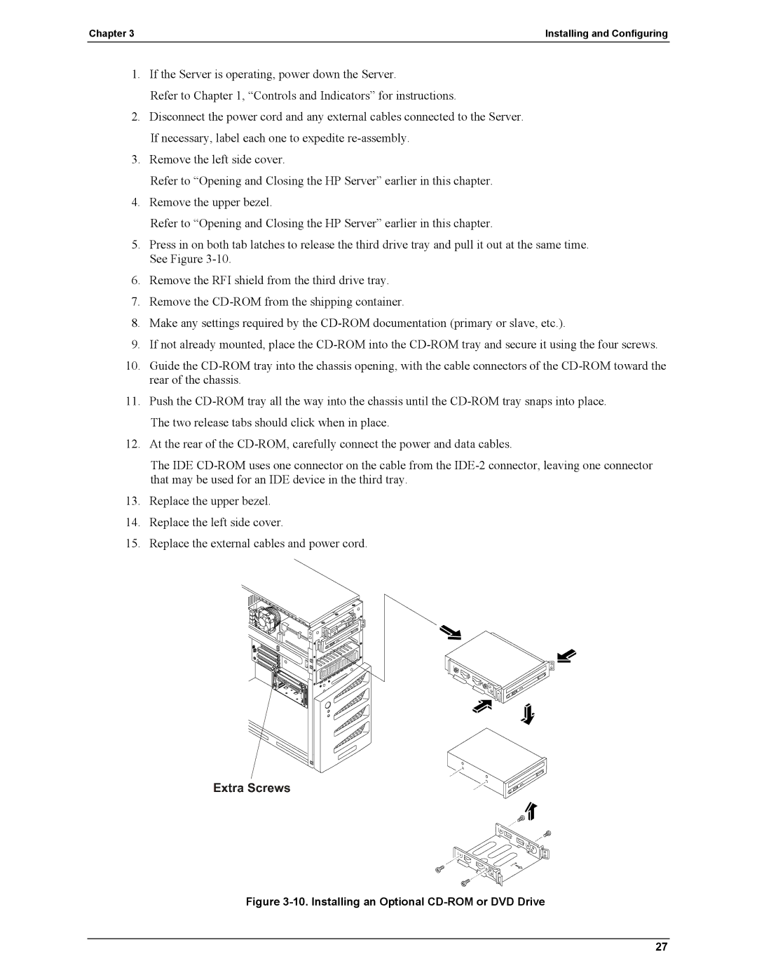 HP Server tc2110 manual Installing an Optional CD-ROM or DVD Drive 