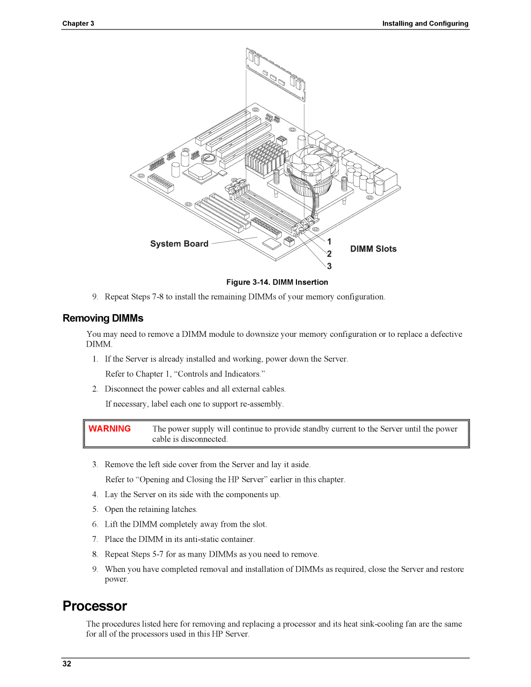 HP Server tc2110 manual Processor, Removing DIMMs 