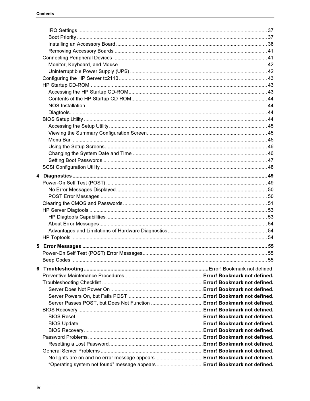 HP Server tc2110 manual Error! Bookmark not defined, Contents 