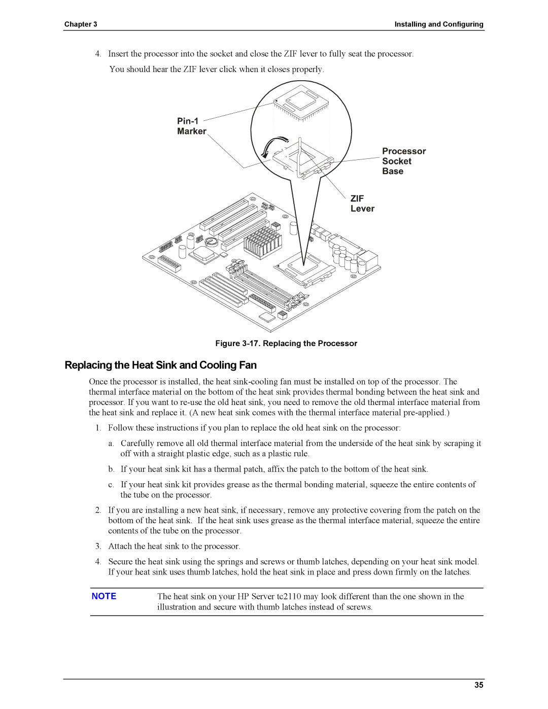 HP Server tc2110 manual Replacing the Heat Sink and Cooling Fan, Replacing the Processor 