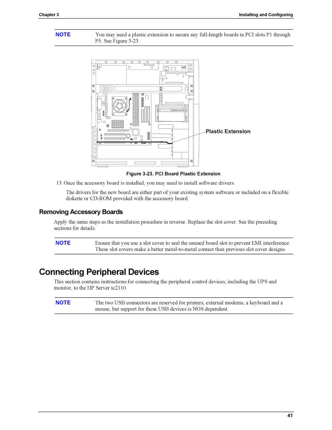 HP Server tc2110 manual Connecting Peripheral Devices, Removing Accessory Boards 