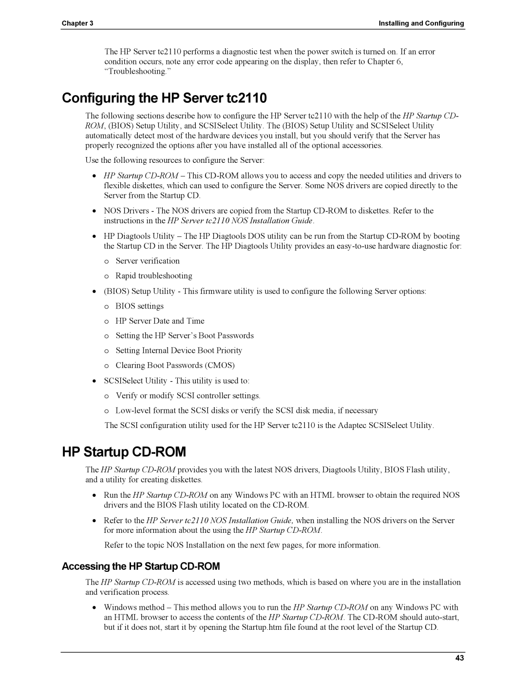 HP manual Configuring the HP Server tc2110, Accessing the HP Startup CD-ROM 