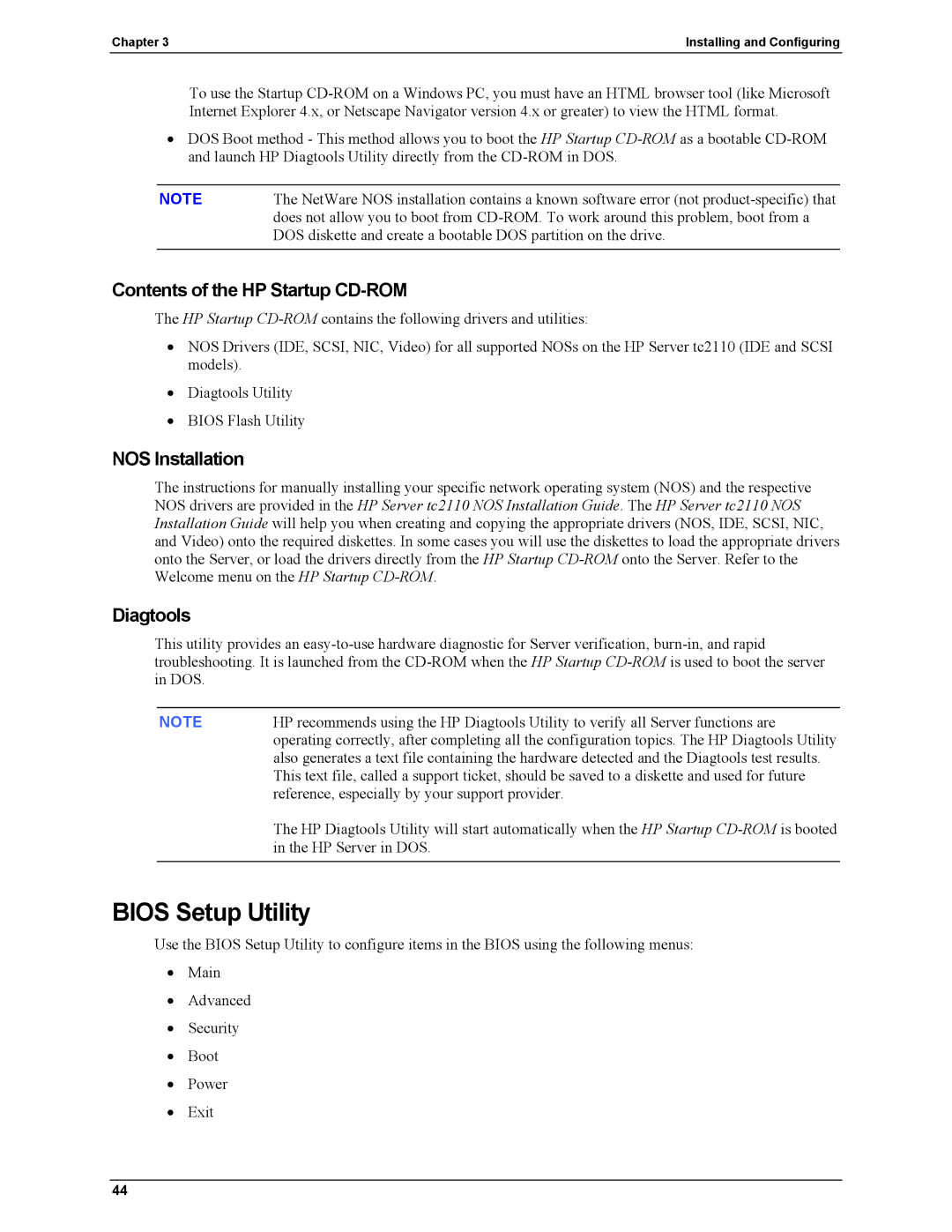 HP Server tc2110 manual Bios Setup Utility, Contents of the HP Startup CD-ROM, NOS Installation, Diagtools 