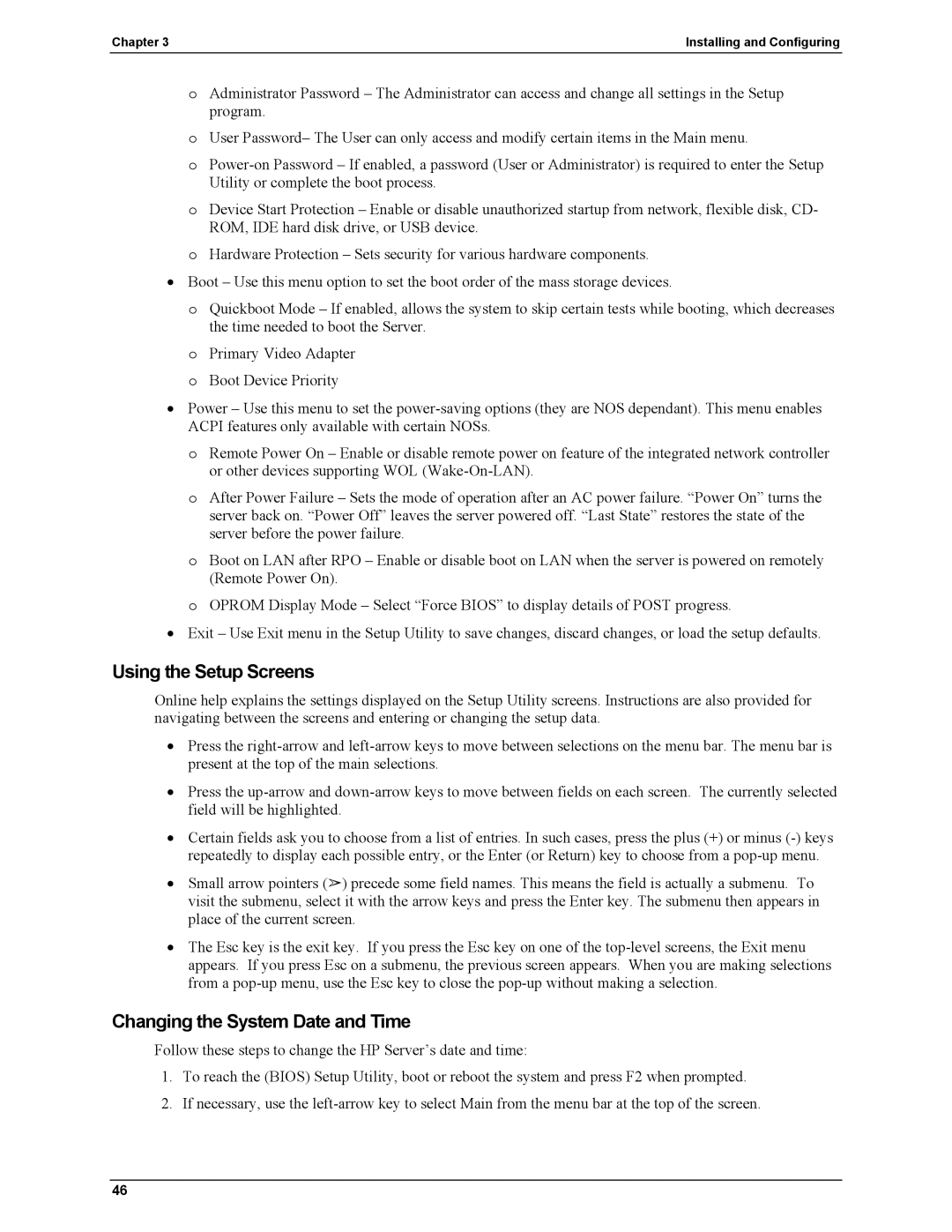 HP Server tc2110 manual Using the Setup Screens, Changing the System Date and Time 