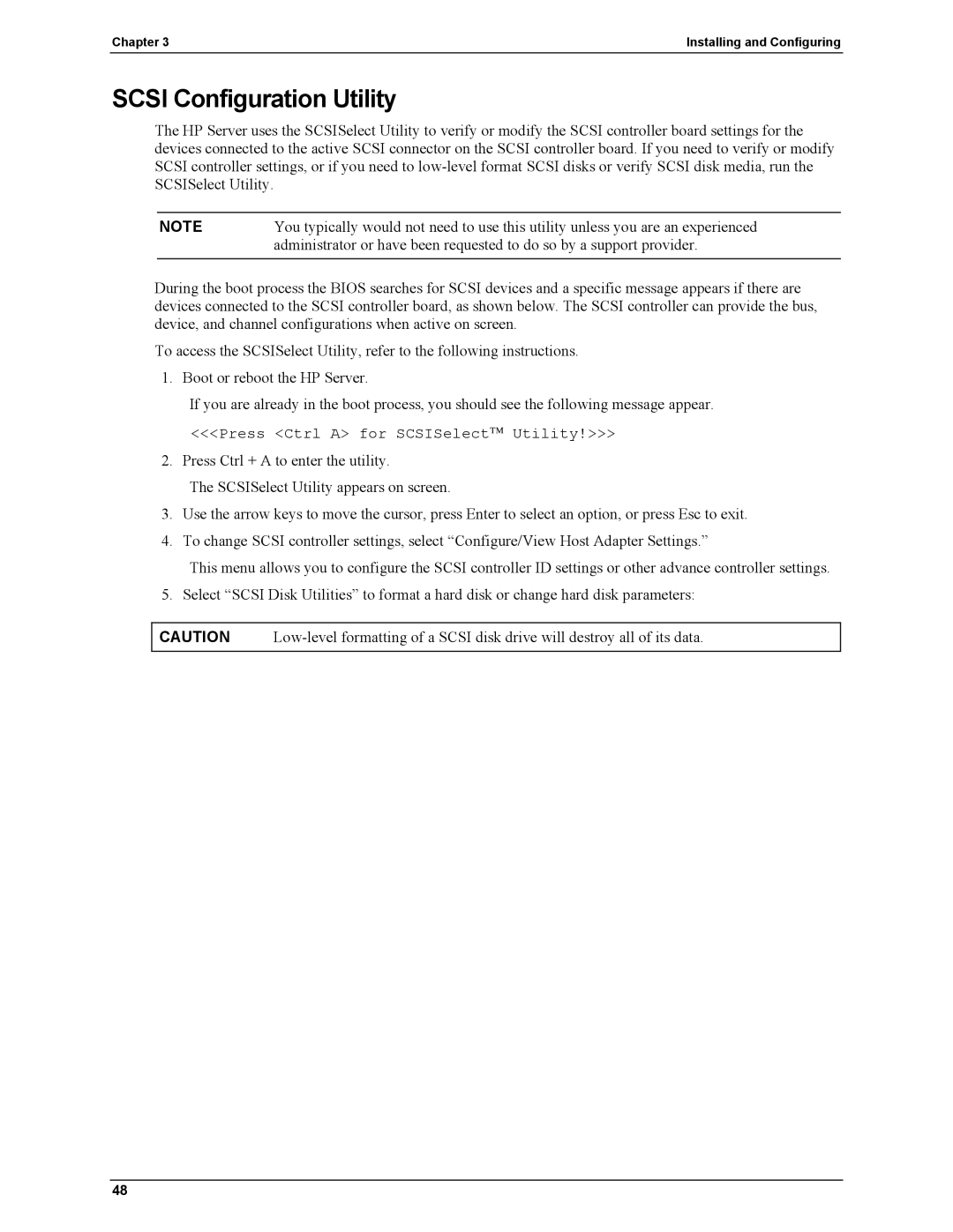 HP Server tc2110 manual Scsi Configuration Utility 