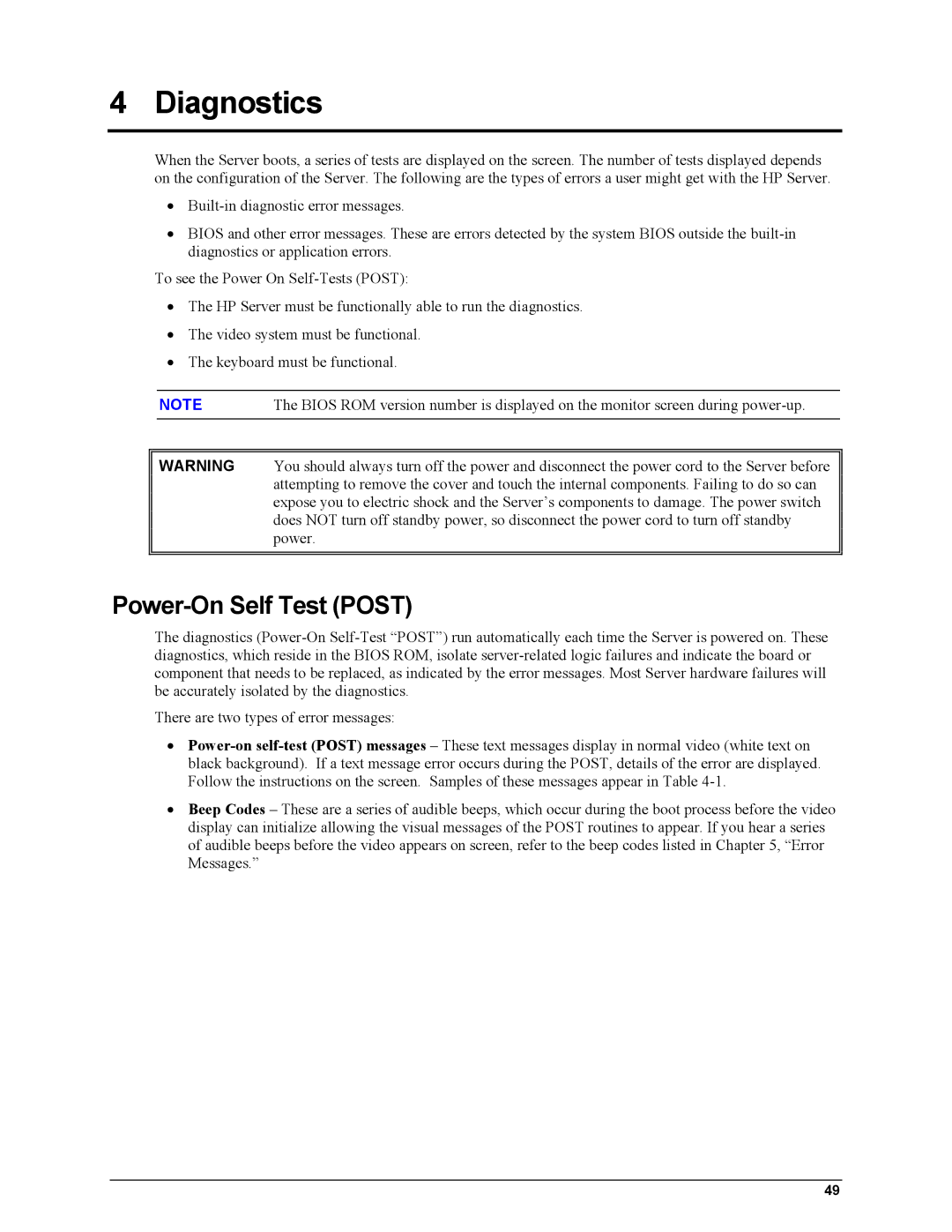 HP Server tc2110 manual Diagnostics, Power-On Self Test Post 