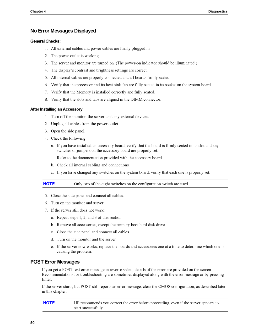 HP Server tc2110 manual No Error Messages Displayed, Post Error Messages, General Checks, After Installing an Accessory 