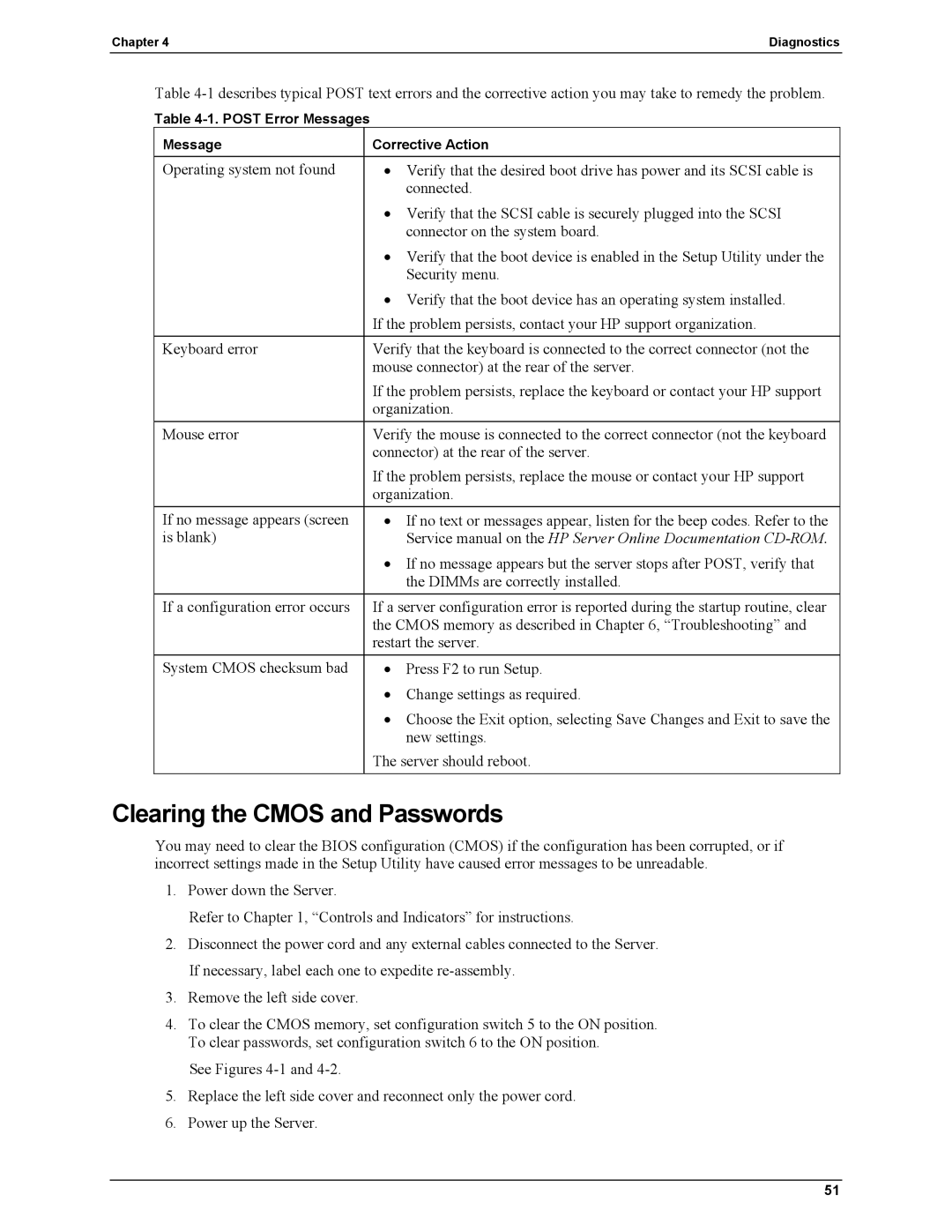 HP Server tc2110 manual Clearing the Cmos and Passwords 